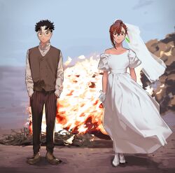 1boy 1girl absurdres ayase_momo black_hair brown_hair brown_pants brown_vest dandadan derivative_work dress earrings fire gloves hands_in_pockets highres jewelry looking_at_viewer off_shoulder outdoors pants photo-referenced round_eyewear takakura_ken_(dandadan) updo vest wedding_dress white_dress white_gloves yuqi_non