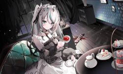1girl absurdres aqua_eyes aqua_hair armchair black_hair black_nails black_shirt blood blood_splatter braided_sidelocks breasts cake cake_slice chair choker closed_mouth commission cup curtains dessert detached_sleeves dutch_angle food fruit glint grey_hair grey_tail highres hinamori_anthea holding holding_cup holding_saucer indie_virtual_youtuber indoors lantern light_smile long_sleeves looking_at_viewer maid maid_headdress multicolored_hair nail_polish night on_chair onodera_nire pale_skin picture_frame red_pupils ringed_eyes saucer second-party_source shirt sitting slit_pupils small_breasts snow_leopard_tail solo strawberry strawberry_shortcake table teacup teapot tsurime upper_body wallpaper_(object) wooden_floor