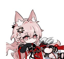 1girl animal_ear_fluff animal_ears arknights black_gloves black_sandals chibi chibi_only chinese_commentary closed_mouth commentary_request crossed_bangs dot_nose gloves hair_between_eyes hair_ornament light_smile long_hair lowres lying on_side pink_eyes pink_hair pozyomka_(arknights) sandals simple_background solo transparent_background unknownlemon1