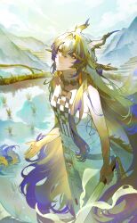Rule 34 | 1girl, absurdres, arknights, blonde hair, blue hair, breasts, commentary, dragon girl, eastern dragon horns, eastern dragon tail, fsuusux, grey hair, grey pants, hair intakes, highres, looking up, multicolored hair, outdoors, pants, pointy ears, rice paddy, shu (arknights), small breasts, smile, solo, strapless, tube top, white tube top, yellow eyes