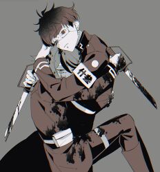 2boys armband blood blood_in_hair blood_on_arm blood_on_cheek blood_on_clothes blood_on_face blood_on_hair blood_on_hands blood_on_leg bloody_weapon bridge_piercing closed_mouth crying crying_with_eyes_open earrings eyepatch face_piercing grey_background greyscale hair_between_eyes highres holding holding_sword holding_weapon hug jewelry lip_piercing looking_at_viewer male_focus messy_hair monochrome multicolored_hair multiple_boys omokage_yugamu one_eye_covered piercing simple_background sumino_takumi sword tears the_hundred_line_-last_defense_academy- weapon