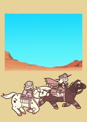 2boys absurdres bag beanie beard blue_sky bridle cape chibi chibi_only commentary cowboy_hat desert facial_hair from_side goggles goggles_on_headwear gyro_zeppeli hat highres holding holding_reins horse horseback_riding johnny_joestar jojo_no_kimyou_na_bouken limited_palette long_hair m_a_a_m_8 male_focus mask mask_on_head medium_hair multiple_boys reins riding saddle saddlebags short_sleeves sky slow_dancer_(jojo) star_(symbol) star_print steel_ball_run symbol-only_commentary valkyrie_(jojo) wristband
