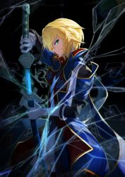 1boy blazblue blonde_hair coat dougi gloves green_eyes highres holding holding_weapon ice jacket katana kisaragi_jin looking_at_viewer looking_to_the_side male_focus military military_uniform night night_sky online_neet serious sheath short_hair sky solo star_(sky) starry_sky sword unsheathing weapon white_gloves