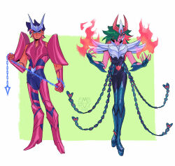 2boys alternate_hair_color alternate_hair_length alternate_hairstyle alternate_universe andromeda_shun armor blue_armor boots brothers chain cosplay costume_switch embrvx fake_horns fingernails fire frown full_body green_eyes green_hair hair_over_one_eye hands_up helmet high_heel_boots high_heels highres holding holding_chain horned_helmet horns lipstick long_eyelashes long_hair looking_at_viewer makeup male_focus metal_belt multicolored_hair multiple_boys peacock_feathers phoenix_ikki pink_armor pink_hair platform_boots purple_hair purple_unitard pyrokinesis saint_seiya scar scar_on_face sharp_fingernails siblings standing two-tone_hair unitard v-shaped_eyebrows w_arms
