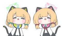 2girls :3 :d animal_ears arms_up black_skirt black_tail blonde_hair blue_archive blue_necktie blunt_bangs blush_stickers bow cat_ears cat_tail chamsheol chibi chibi_only closed_eyes collared_shirt commentary fake_animal_ears fake_tail green_bow green_halo green_jacket hair_bow halo happy highres jacket korean_commentary long_sleeves low-tied_sidelocks medium_hair midori_(blue_archive) momoi_(blue_archive) multicolored_jacket multiple_girls necktie open_clothes open_jacket open_mouth outstretched_arms pink_halo pink_jacket raised_eyebrows red_bow school_uniform shirt shirt_tucked_in siblings sidelocks simple_background sisters skirt smile tail tail_raised twins untucked_shirt upper_body white_background white_jacket white_shirt