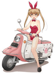1girl :d animal_ears black_pantyhose bow bowtie breasts brown_eyes brown_hair collar detached_collar emblem fake_animal_ears fishnet_pantyhose fishnets fuji_rabbit full_body girls_und_panzer glasses hair_ribbon hairband holding knife leotard loafers long_hair looking_at_viewer motor_vehicle on_scooter oono_aya open_mouth pantyhose playboy_bunny rabbit rabbit_ears red_bow red_bowtie red_hairband red_leotard red_ribbon ribbon round_eyewear scooter shadow shoes side-tie_leotard simple_background sitting small_breasts smile solo strapless strapless_leotard twintails uona_telepin white_background white_collar wrist_cuffs