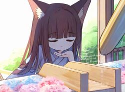 1girl animal_ear_fluff animal_ears backlighting blue_flower brown_hair closed_eyes commentary_request day english_text flower grey_kimono hand_up japanese_clothes kimono long_hair original outdoors parted_lips pink_flower solo upper_body water watermark yuuhagi_(amaretto-no-natsu)