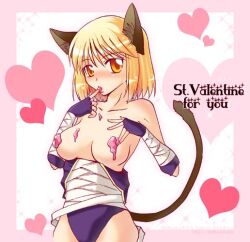 1girl 2000s_(style) animal_ears assassin_(ragnarok_online) bad_id bandages blonde_hair blush breasts cat_ears cat_girl cat_tail closed_mouth cowboy_shot finger_in_own_mouth fingerless_gloves gloves heart leotard looking_at_viewer medium_breasts pink_background purple_gloves purple_leotard ragnarok_online short_hair solo strawberry_syrup tachibana_sakuya_(matsurika) tail topless_female valentine