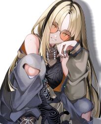 Rule 34 | 1girl, black hair, black nails, black tank top, blonde hair, blunt ends, boots, breasts, chain, chain necklace, clothes down, collarbone, curtained hair, fingernails, green eyes, grey pants, halter shirt, halterneck, hand on own cheek, hand on own face, hashtag-only commentary, highres, hololive, hololive dev is, jacket, jewelry, knee up, koganei niko, lace-up boots, long hair, looking at viewer, mole, mole on shoulder, multicolored hair, necklace, open clothes, open jacket, orange-tinted eyewear, pants, patterned clothing, ring, round eyewear, shadow, simple background, sitting, smile, solo, sukajan, sweatpants, tank top, teeth, tinted eyewear, torn clothes, torn pants, two-tone hair, virtual youtuber, white background, yuru. (m29125567)