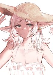 Rule 34 | 1girl, alternate costume, bare arms, bare shoulders, double-parted bangs, dress, elf, frieren, green eyes, hat, highres, long hair, looking at viewer, moku (muooku), parted lips, pointy ears, sidelocks, sleeveless, sleeveless dress, solo, sousou no frieren, straw hat, upper body, white dress, white hair