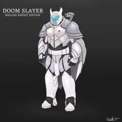 absurdres alternate_costume armor blade cape cloak crossover doom_(series) doom_eternal doomguy fantasy helmet highres hollow_knight hollow_knight_(character) male_focus nate_jw power_suit soldier sword warrior weapon
