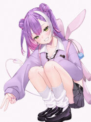 1girl absurdres alternate_costume animal_bag belt black_belt black_necktie black_shoes black_skirt blush braid breasts cleavage collarbone collared_shirt commentary_request cross cross_earrings double_bun earrings full_body green_eyes grin hair_bun highres hololive jacket jewelry loafers long_hair long_sleeves looking_at_viewer medium_breasts miniskirt necktie pleated_skirt purple_hair purple_jacket purple_nails rabbit_bag runlan_0329 school_uniform shirt shoes simple_background skirt sleeves_past_wrists small_breasts smile socks solo squatting tail tokoyami_towa v virtual_youtuber white_background white_shirt white_socks