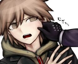 Rule 34 | 1boy, 1girl, black gloves, brown eyes, brown hair, cheek pinching, close-up, danganronpa: trigger happy havoc, danganronpa (series), female pov, gloves, green jacket, half-closed eye, hand on another&#039;s cheek, hand on another&#039;s face, hand up, hood, hood down, hooded jacket, jacket, kirigiri kyoko, komatsuzaki rui (style), long sleeves, looking to the side, male focus, naegi makoto, official style, open mouth, pain, parody, pinching, pov, pov hands, raised eyebrows, short hair, simple background, solo focus, sound effects, studded gloves, style parody, tears, tezurumozuru, translation request, very short hair, white background, zipper, zipper pull tab