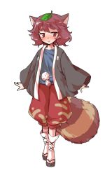 1girl :o alphes_(style) animal_ears black_kimono black_sandals blue_shirt blush brown_eyes brown_hair commentary_request dairi full_body japanese_clothes kimono large_variant_set leaf leaf_on_head long_sleeves looking_at_viewer okobo open_clothes open_kimono open_mouth parody platform_sandals raccoon_ears raccoon_girl raccoon_tail red_shorts sandals shirt short_hair shorts socks solo standing style_parody tabi tachi-e tail tanuki_mob_(touhou) thick_eyebrows touhou transparent_background variant_set white_socks wide_sleeves