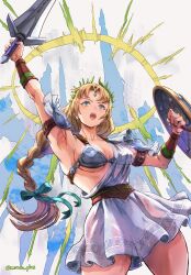 1girl absurdres blonde_hair blue_eyes breasts highres long_hair namco shield skirt solo sophitia_alexandra soul_calibur soulcalibur soulcalibur_iii sword underboob weapon