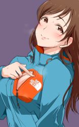 Rule 34 | 10s, 1girl, 71 (nanaichi drafting), blush, brown eyes, brown hair, cleavage cutout, clothing cutout, female focus, idolmaster, idolmaster cinderella girls, jacket, long hair, looking at viewer, nitta minami, product placement, smile, solo, track jacket
