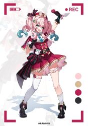 1girl absurdres aqua_eyes aqua_hair aqua_necktie battery_indicator black_gloves black_shoes breasts commentary_request dress drill_hair full_body gloves hat highres holding holding_microphone honkai:_star_rail honkai_(series) hyacine_(honkai:_star_rail) microphone multicolored_hair necktie open_mouth pink_hair qianxiang_asuka recording red_dress red_hat shadow shoes single_thighhigh small_breasts socks solo thighhighs thighs twin_drills two-tone_hair viewfinder white_socks white_thighhighs zoom_layer