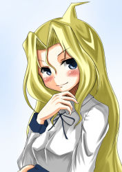 1girl aeg_(mocking6) ahoge blonde_hair blue_eyes blush female_focus long_hair mocking ryuumonbuchi_touka saki_(manga) smile solo