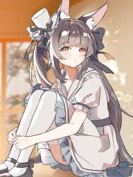 Rule 34 | 1girl, absurdres, animal ear fluff, animal ears, azur lane, black hair, blunt bangs, blush, closed mouth, full body, hair ornament, highres, knees up, lancaolinyin, long hair, looking at viewer, nagato (azur lane), original, school uniform, solo, thighhighs, very long hair, white thighhighs, yellow eyes