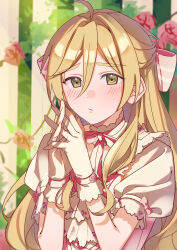 1boy :/ absurdres ahoge ascot blurry blurry_background blush bow bow_choker choker closed_mouth crossdressing dot_nose double-parted_bangs ensemble_stars! flower foliage frilled_choker frills furrowed_brow gloves hair_between_eyes half_updo hands_up heidbd highres lace lace-trimmed_gloves lace-trimmed_sleeves lace_trim light_brown_hair long_hair male_focus mashiro_tomoya mashiro_tomoya_(princess_outfit) official_alternate_costume official_alternate_hair_length official_alternate_hairstyle outdoors own_hands_together pink_bow puffy_short_sleeves puffy_sleeves red_flower red_rose rose short_sleeves solo sunlight thick_eyebrows three_quarter_view trap upper_body very_long_hair white_ascot white_choker white_gloves wrist_flower yellow_eyes