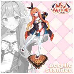 absurdres acrylic_stand_(object) blue_eyes bow choker hair_bow highres jacket leotard long_hair mary_janes miki_hitsugi official_art open_clothes open_jacket orange_hair shoes specialite_en thighhighs very_long_hair virtual_youtuber