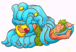 1boy ankle ankle_wrap barefoot bracelet capelet closed_eyes defeat final_fantasy final_fantasy_vi gau giggling green_hair jewelry licking_foot malboro nidino pants shawl shorts slit_pupils smile tentacles tongue tongue_out topless_male traditional_media white_background wrapped_up yellow_eyes
