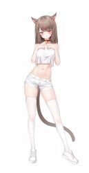 1girl absurdres animal_ears bare_arms bare_shoulders bell breasts brown_hair cat_ears cat_girl cat_tail choker closed_mouth collarbone commentary commission contrapposto crop_top crop_top_overhang english_commentary facial_mark final_fantasy final_fantasy_xiv full_body hands_up highres index_fingers_together jingle_bell keibeam long_hair looking_at_viewer medium_breasts midriff miqo&#039;te multicolored_hair navel original pixiv_commission red_choker red_eyes shirt shoes short_shorts shorts simple_background skindentation sleeveless sleeveless_shirt slit_pupils smile sneakers solo standing stomach streaked_hair tail tank_top thighhighs thighs warrior_of_light_(ff14) white_background white_shirt white_shoes white_shorts white_thighhighs