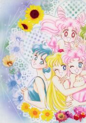 4girls ;d absurdres aino_minako arm_hug artbook bare_shoulders bishoujo_senshi_sailor_moon blonde_hair blue_background blue_eyes blue_flower blue_hair chibi_usa collarbone double_bun earrings flower green_flower green_hair green_rose hair_bun highres incredibly_absurdres jewelry middle_part mixed_media mizuno_ami multiple_girls necklace non-web_source official_art one_eye_closed open_mouth pale_skin pink_hair red_eyes rose scan short_hair smile sunflower takeuchi_naoko tsukino_usagi