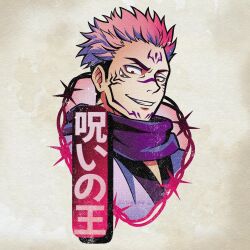 1boy commentary cropped_torso csmbtc english_commentary extra_eyes facial_mark grin highres jujutsu_kaisen looking_at_viewer male_focus pink_hair purple_scarf red_eyes ryoumen_sukuna_(jujutsu_kaisen) scarf short_hair sideburns smile solo thorns translation_request undercut