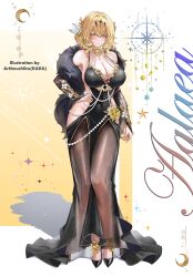 1girl absurdres aglaea_(honkai:_star_rail) alternate_costume artist_name artkouchiku black_dress blonde_hair breasts character_name cleavage commentary_request dress evening_gown flower flower_ornament full_body green_eyes hair_flower hair_ornament high_heels highres honkai:_star_rail honkai_(series) laurel_crown short_hair smile solo