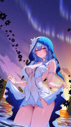1girl 4ddd absurdres armlet bare_shoulders black_flower blake_bloom_(wuthering_waves) blue_hair blue_nails blue_veil blush breasts closed_mouth clothes_lift commentary covered_navel dress dress_lift flower hair_between_eyes highres jewelry large_breasts lifting_own_clothes long_hair looking_at_viewer nail_polish outdoors panties purple_eyes shorekeeper_(wuthering_waves) sleeveless sleeveless_dress smile solo thighs two-tone_veil underwear veil wet wet_clothes wet_dress white_dress white_panties white_veil wuthering_waves