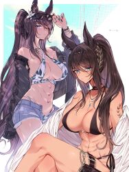 1girl abs absurdres animal_ears arm_tattoo bare_shoulders black_jacket blue_eyes bracelet breasts brown_hair chain cleavage closed_mouth collared_shirt criss-cross_halter crossed_legs cutoffs denim denim_shorts dress_shirt eyewear_on_head flower hair_flower hair_ornament halterneck highres jacket jewelry large_breasts long_hair multiple_views necklace off_shoulder one_eye_closed open_clothes open_shirt ponytail shirt short_shorts shorts simple_background sitting sleeves_past_wrists standing symboli_kris_s_(umamusume) tattoo tetora_(oudonoishiize) thigh_strap thumb_ring umamusume very_long_hair white_background white_shirt