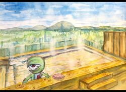 Rule 34 | 1girl, back, bad perspective, bathing, blue sky, bob cut, colored skin, day, female focus, fence, gardevoir, gen 3 pokemon, green hair, green skin, keishi (pixiv 1245064), letterboxed, looking at viewer, looking back, mountainous horizon, multicolored skin, nintendo, onsen, outdoors, partially submerged, pokemon, pokemon (creature), red eyes, short hair, sky, solo, steam, towel, traditional media, two-tone skin, white skin