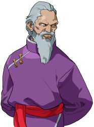 Rule 34 | 1boy, arms behind back, beard, bengus, facial hair, game cg, gen (street fighter), highres, long beard, looking to the side, male focus, no eyebrows, no pupils, non-web source, official art, old, old man, portrait, raised eyebrow, short hair, simple background, solo, street fighter, street fighter zero (series), upper body, white background, white beard, white eyes, white hair