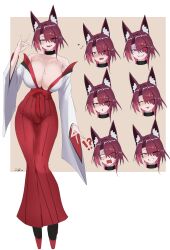 1girl absurdres animal_ears bare_shoulders breasts cleavage closed_eyes collar cross-shaped_pupils empty_eyes fox_ears fox_girl full_body glowing glowing_eyes grin hair_over_one_eye hakama hakama_skirt highres japanese_clothes kimono large_breasts long_sleeves looking_at_viewer looking_to_the_side medium_hair multiple_views off_shoulder open_mouth original purple_eyes purple_hair red_hakama s4ika skirt smile symbol-shaped_pupils tongue tongue_out white_kimono wide_sleeves