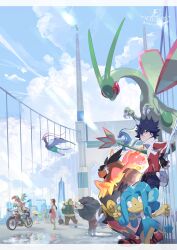 2girls 3boys archen artist_name biker_(pokemon) black_gloves black_hair bouffalant bright_pupils brown_eyes closed_mouth cloud creatures_(company) day deerling e_volution eelektross emboar fingerless_gloves flygon game_freak gen_3_pokemon gen_5_pokemon gloves highres hiker_(pokemon) hugh_(pokemon) jacket looking_to_the_side motor_vehicle motorcycle multiple_boys multiple_girls nintendo office_worker_(pokemon) outdoors panpour pants petilil pokemon pokemon_(creature) pokemon_bw2 preschooler_(pokemon) puddle red_jacket reflection roggenrola short_hair sky water white_pupils zipper_pull_tab