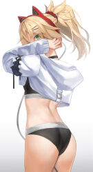 1girl animal_ear_headphones animal_ears ass black_choker black_panties blonde_hair cat_ear_headphones choker commentary cowboy_shot crop_top fake_animal_ears fate/apocrypha fate_(series) green_eyes headphones highres hood hoodie long_hair long_sleeves looking_at_viewer midriff mordred_(fate) mordred_(fate/apocrypha) panties ponytail solo standing symbol-only_commentary thighs tonee underwear white_hoodie