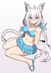 Rule 34 | 1girl, animal ear fluff, animal ears, bare shoulders, bikini, blue bikini, blue eyes, blue hair, blush, braid, breasts, cleavage, collarbone, fox ears, fox girl, fox tail, hair between eyes, highres, hololive, long hair, looking at viewer, medium breasts, navel, ranobe-senka, sandals, shirakami fubuki, shirakami fubuki (hololive summer 2019), simple background, sitting, smile, stomach, swimsuit, tail, twin braids, very long hair, virtual youtuber, wariza, white background