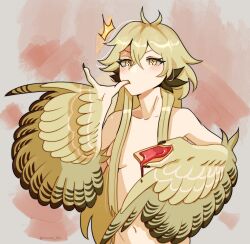 1girl absurdres blonde_hair blush bread bread_slice breasts claws crossed_bangs feathered_wings food hair_censor harpy highres holding holding_food jam licking licking_finger long_hair looking_at_viewer monster_girl navel nude original small_breasts solo star-shaped_pupils star_(symbol) symbol-shaped_pupils toast twitter_username two-tone_wings unreal_fish very_long_hair winged_arms wings yellow_eyes yellow_wings