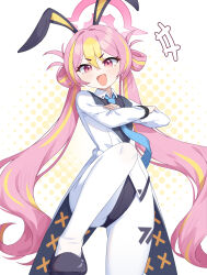 1girl absurdres animal_ears black_leotard black_shoes blue_archive blue_necktie commentary_request crossed_arms fake_animal_ears fang highleg highleg_leotard highres jacket koyuki_(blue_archive) koyuki_(bunny)_(blue_archive) leotard looking_at_viewer melozr millennium_science_school_logo multicolored_hair necktie open_mouth pantyhose pink_eyes pink_hair rabbit_ears shoes solo twintails white_background white_jacket white_pantyhose yellow_eyes