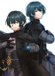 2boys armor black_armor blue_eyes blue_hair cape dagger fire_emblem fire_emblem:_three_houses hand_on_own_chest highres knife male_byleth_(fire_emblem) medium_hair multiple_boys nintendo weapon zuzu_(ywpd8853)