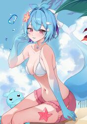 Rule 34 | 1girl, absurdres, bikini, blue hair, blue hands, breasts, character request, chobonu, fins, fish tail, flower, hair flower, hair ornament, highres, indie virtual youtuber, looking at viewer, medium breasts, multicolored hair, navel, ocean, open mouth, pink eyes, pink shorts, purple hair, short hair, shorts, solo, stomach, summer, swimsuit, tail, virtual youtuber, white bikini