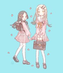2girls backpack bag black_bag black_shoes blonde_hair blue_background bouryoku_hantai brown_eyes brown_hair closed_mouth colored_eyelashes colored_tips expressionless flipped_hair full_body gakuen_idolmaster handbag highres holding holding_bag idolmaster kuramoto_china loafers long_hair long_sleeves looking_at_viewer multicolored_hair multiple_girls open_mouth pantyhose parted_bangs petals pink_serafuku pink_shirt pink_skirt pleated_skirt ribbon sailor_collar sakura_photograph_(idolmaster) school_bag school_uniform serafuku shinosawa_hiro shirt shoes simple_background skirt smile standing white_pantyhose white_sailor_collar yellow_eyes yellow_ribbon