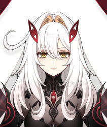 Rule 34 | 1girl, absurdres, ahoge, artist name, black dress, black veil, chinese commentary, chishahaone, closed mouth, detached sleeves, dress, expressionless, eye symbol, eyeshadow, genshin impact, gradient hair, hair between eyes, hair intakes, hair ornament, highres, huge ahoge, lofter username, long eyelashes, long hair, looking at viewer, makeup, multicolored hair, orange eyes, pink lips, red eyeshadow, red wings, ronova (genshin impact), see-through clothes, see-through veil, shade, side ahoge, simple background, skin tight, solo, symbol-shaped pupils, upper body, veil, watermark, wavy hair, white background, white hair, wings