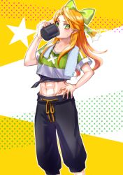 1girl abs alternate_costume black_undershirt bow crop_top crop_top_overhang cup etie_(fire_emblem) fire_emblem fire_emblem_engage green_bow green_eyes green_shirt hand_on_own_hip holding holding_cup looking_at_viewer momongame_17 mug nintendo orange_hair pants shirt solo sweatpants swept_bangs training_outfit_(fire_emblem_engage) workout_clothes