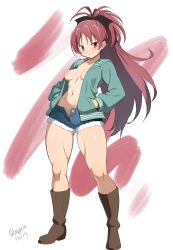 1girl aqua_jacket black_bow blush boots bow breasts covered_erect_nipples cropped_shirt denim denim_shorts hands_in_pockets highres jacket long_hair looking_at_viewer mahou_shoujo_madoka_magica mahou_shoujo_madoka_magica_(anime) medium_breasts nagare_(flow) navel nipples open_clothes open_fly open_jacket red_hair sakura_kyoko shirt short_shorts shorts simple_background smile solo white_background