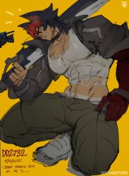Rule 34 | 1boy, animal ears, black hair, black jacket, black pants, clenched teeth, collarbone, collared jacket, commentary, english commentary, english text, groin, highres, holding, holding sword, holding weapon, jacket, komano manato, looking at viewer, male focus, midriff, multicolored hair, notice lines, pants, red hair, scar, scar on chest, seansketches, shirt, short hair, sketch, skin tight, solo, sword, tan, tank top, tanline, teeth, unfinished, weapon, white shirt, wing collar, yellow background, zenless zone zero