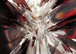 1boy bare_shoulders broken_glass chinese_commentary commentary_request elezen elf estinien_varlineau final_fantasy final_fantasy_xiv glass glass_shards hand_on_another&#039;s_neck hangleing head_back long_hair male_focus outstretched_arm parted_lips pointy_ears solo upper_body white_hair