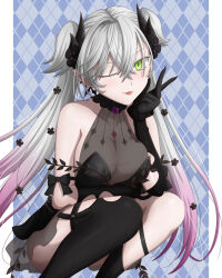 Rule 34 | 1girl, bare shoulders, black dress, blush, breasts, demon girl, demon horns, dress, fate/grand order, fate (series), green eyes, grey hair, hasebe akira, horns, large breasts, lilith (fate), long hair, looking at viewer, one eye closed, pointy ears, solo, twintails