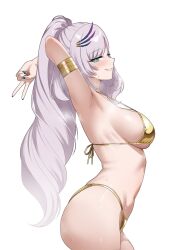 1girl absurdres aqua_eyes armpits arms_up bikini blue_nails breasts commentary feather_hair_ornament feathers from_side gold_armlet gold_bikini golden_week grin hair_ornament highres hololive hololive_indonesia large_breasts navel pavolia_reine pink_hair raikkonen sideboob simple_background smile solo stomach swimsuit v virtual_youtuber white_background